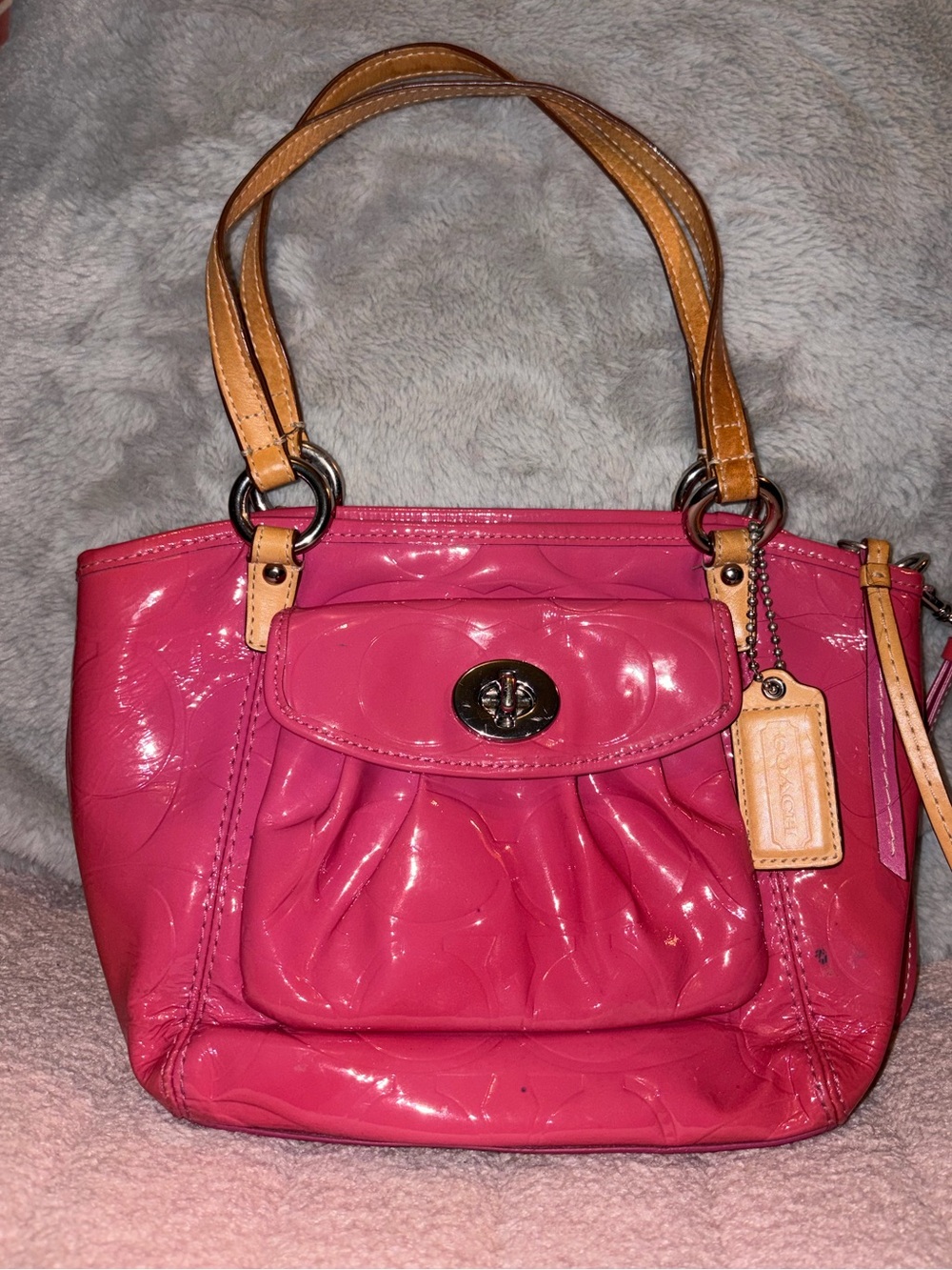 Coach Pink Patent Leather Shoulder Bag with Tan Handles